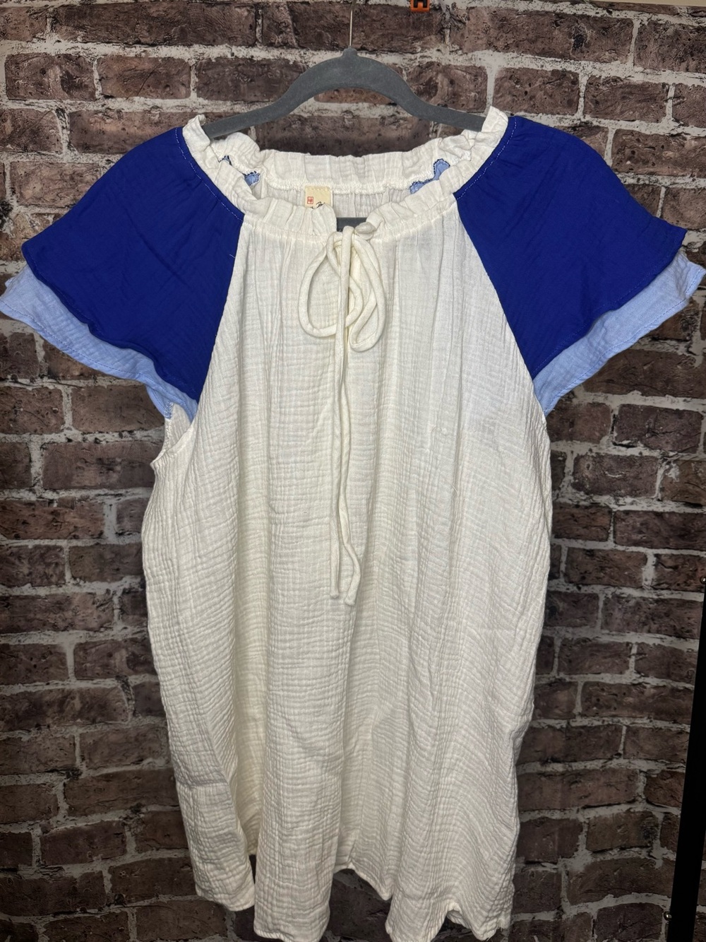 7th Ray Cream Peasant Top with Royal Blue Sleeve Accents
